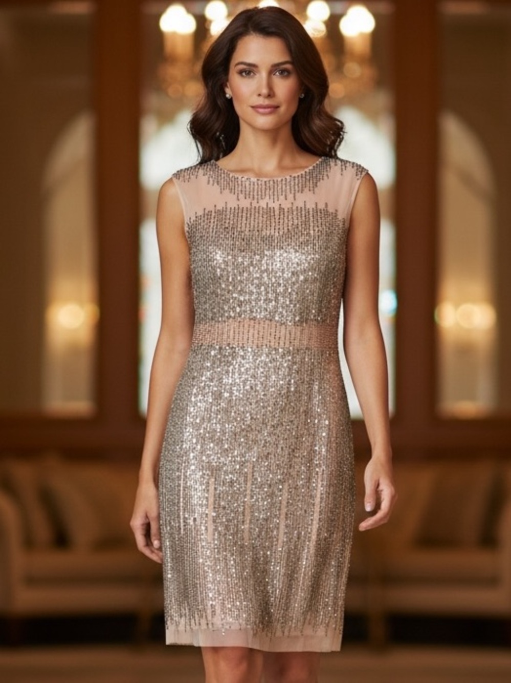 Adrianna Papell Illusion Yoke Sleeveless Beaded Sheath Dress Size 12